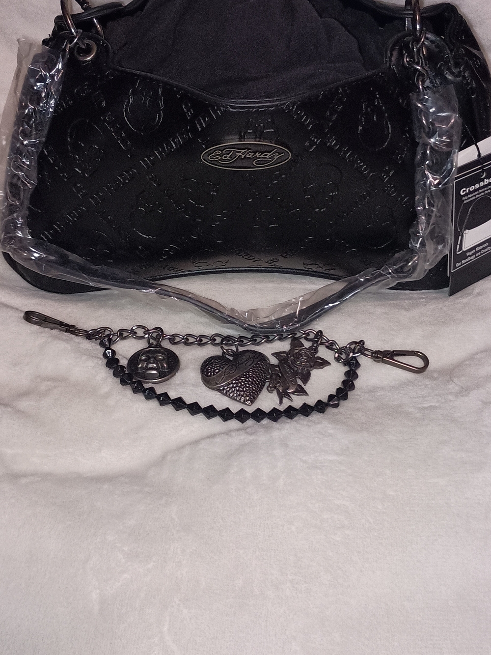 Ed Hardy Black Embossed Shoulder Bag with Charm Chain. NWT. Rare. Buyer Pays Shi